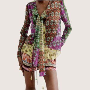 Zara RARE Multicolor Printed Blouse With Bow Tie and Beaded Tassels Small NWT